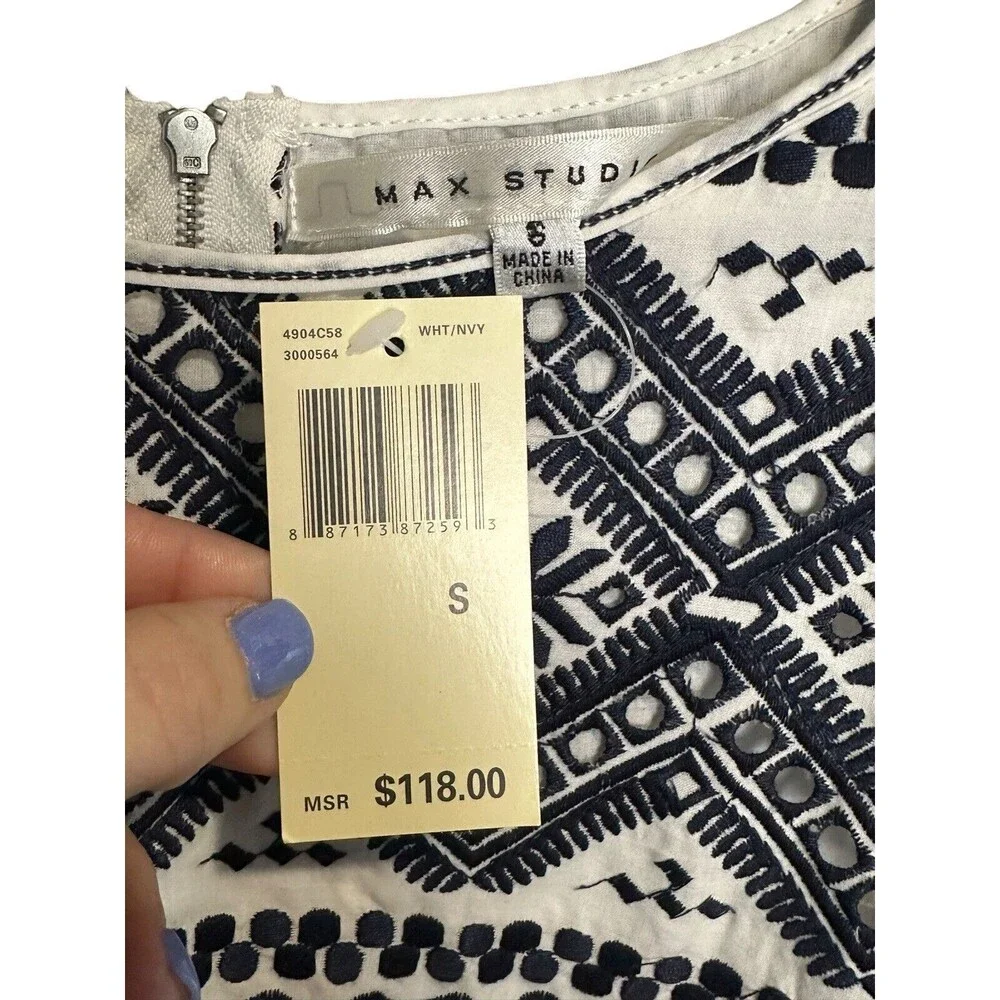 NWT $118 Max Studio Size Small White Navy Cotton Embroidered Summer Dress #I14-5 - Picture 4 of 11